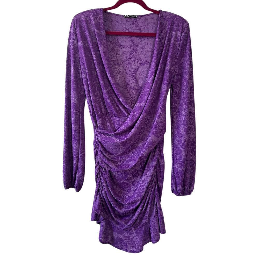 Zara Viral Purple Floral Jacquard Mini Dress Long Sleeves with Ruffles Medium